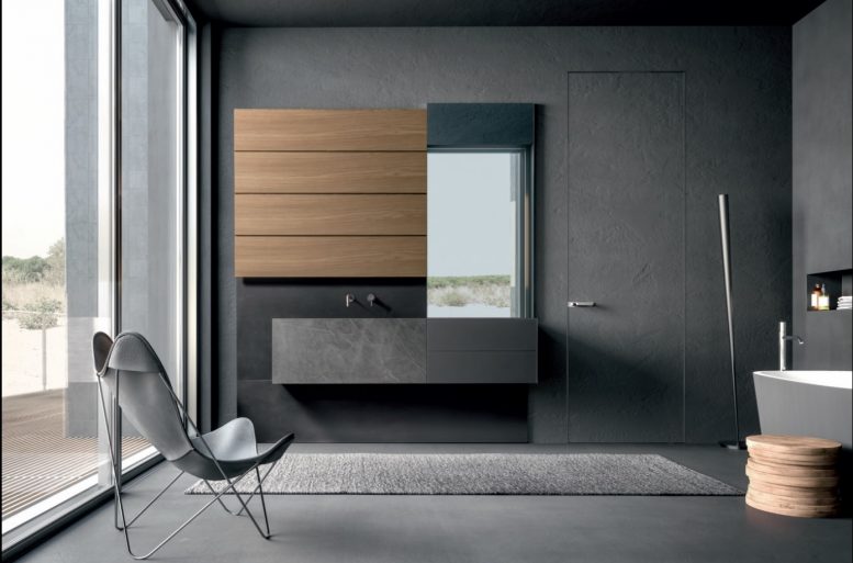 BLADE
Geometrie ordinate vengono enfatizzate dalla combinazione di materiali diversi: boiserie a doghe in legno noce Milano, lavabo sospeso dalla profondità ridotta in gres stone grey, cassetti in vetro laccato e specchiera contenitiva. Una composizione che risponde alla necessità di progettare spazi di piccole dimensioni in profondità e funzionali.