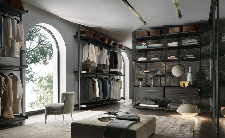 Struttura alluminio brown, mensole e cassettiere in melaminico larice carbone.