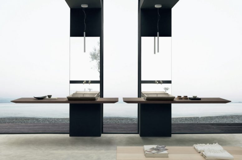 SURF
Rigorosità e minimalismo trovano espressione nel programma Surf. Il piano sp.52 mm in rovere ossidato realizzato in folding, tenuto sospeso dal telaio in ferro nero in abbinamento al lavabo in pietra piasentina, conferisce personalità ad un programma caratterizzato dall’essenzialità estetica.